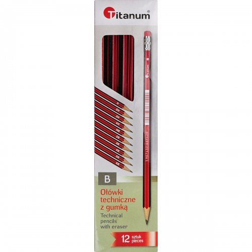 Ołówki techniczne z gumką B 12 sztuk TITANUM - Kliknij na obrazek aby go zamknąć