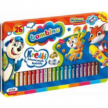 Kredki ołówkowe 26 kolorów JUMBO w metalowym pudełku Bambino