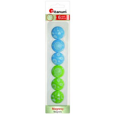 Magnesy okrągłe niebieskie, zielone KWIATY 3cm 6szt TITANUM