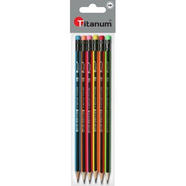 Ołówki techniczne z gumką HB 6 sztuk neonowe TITANUM